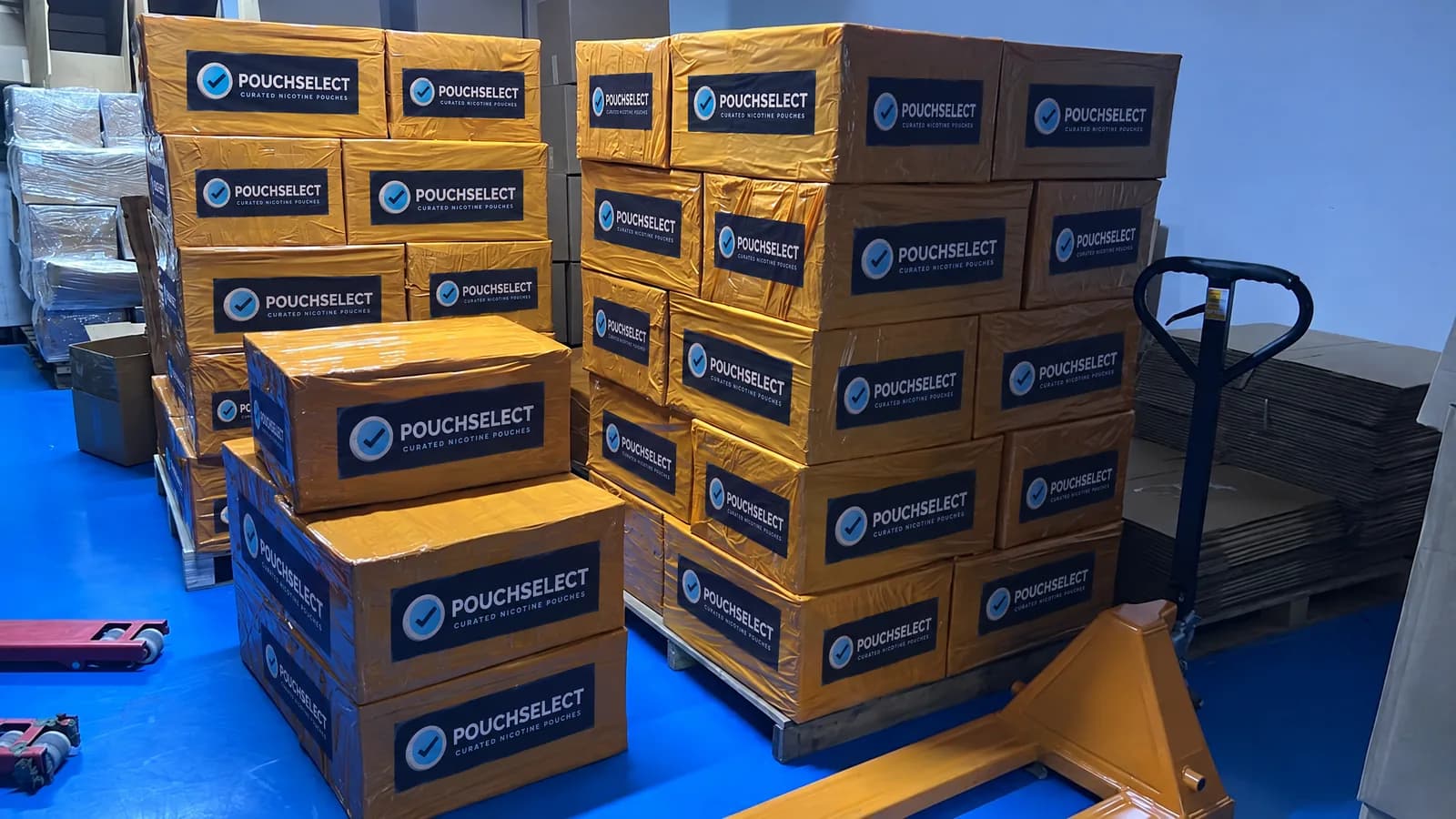 Wrapped pallets of nicotine pouch cartons lined up in the PouchSelect warehouse